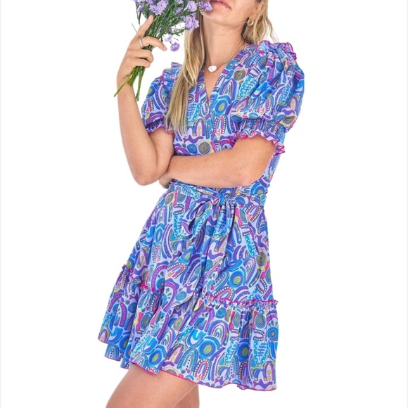 Feather And Find Genova Wrap Dress Spirit Of Dadirri Gathered Short Sleeves Sz L - Picture 1 of 12